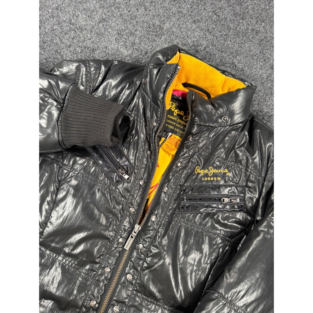 Pepe Jeans London Down Puffer Jacket Womens Small Black Coyote Fur Y2K
